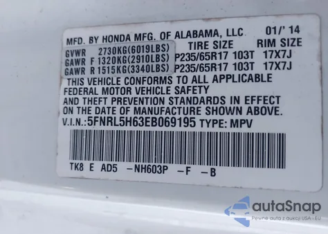 2014 Honda Odyssey Ex-L z USA, uszkodzony, nr VIN 5FNRL5H63EB069195